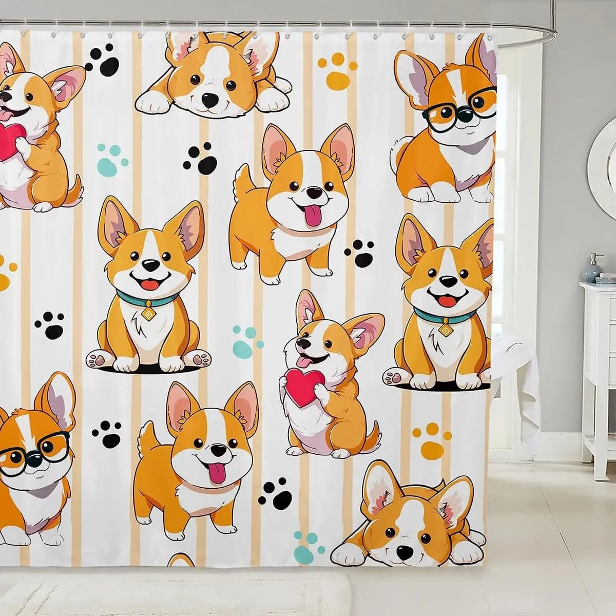 Set di tende da doccia per cuccioli Tenda da doccia Corgi per cartoni animati per ragazzi adolescenti, adorabile tenda da bagno per cani cuccioli Cagnolino carino toilette per animali domestici adorabile