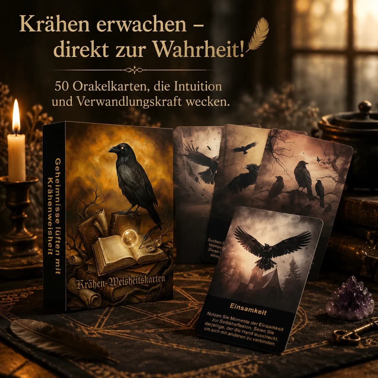 German Raven Oracle Cards 50 Tarot Cards, Divination Tool, Meditation Spiritual Interpretation, Dark Retro Style, Gift