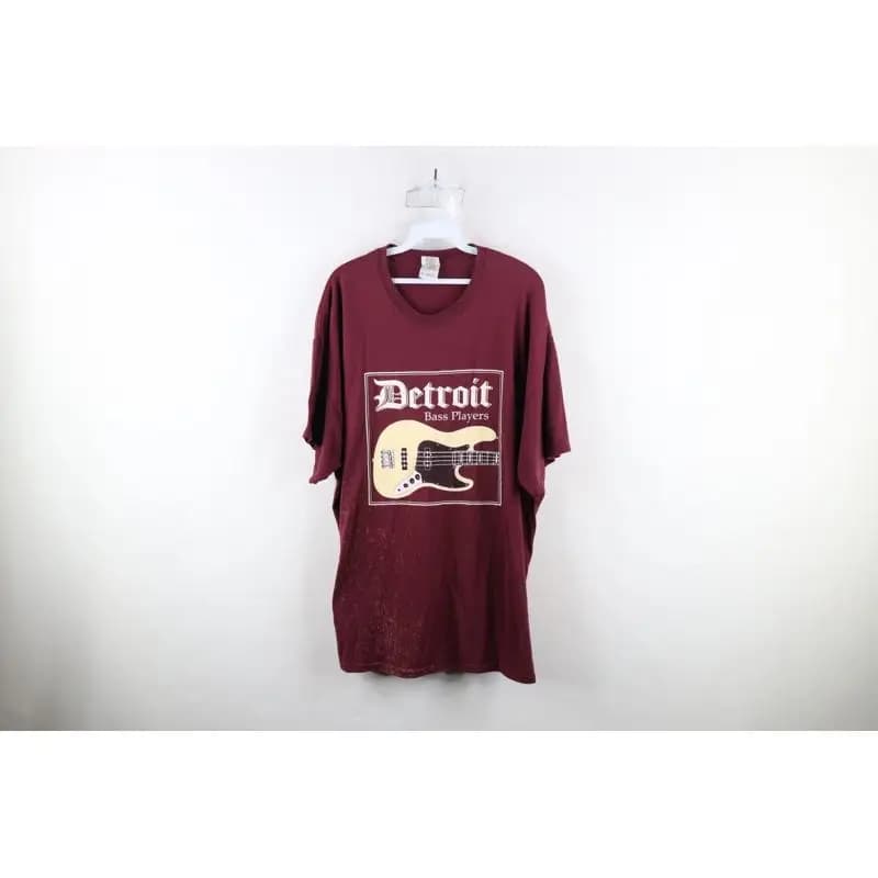 Vtg Mens 2XL Thrashed Spell Out Detroit Bass Players Guitar Short Sleeve T-Shirt