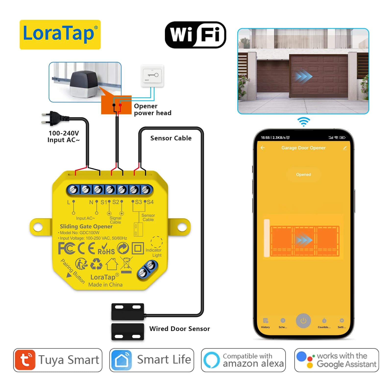 Tuya Smart Life Controller for Sliding Door Opener Dry Contact Switch Home Security Protection Early warning Google Alexa