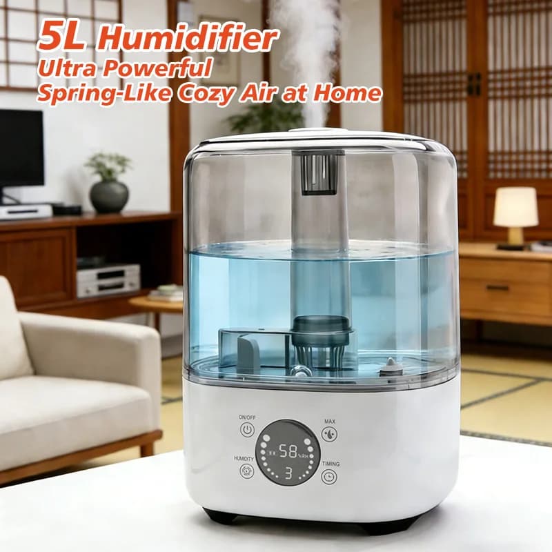 Umidificatore d'Aria Professionale da 5L, Grande Capacità, Diffusore di Nebbia d'Acqua a Ultrasuoni per Casa, Marca Kinscoter