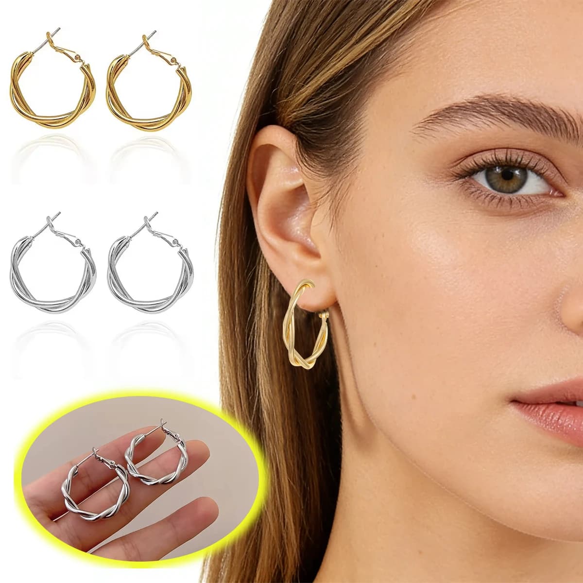Nuovi Orecchini a Cerchio Intrecciati per Donne, Gioielli Semplici ed Eleganti in Metallo Dorato, Regalo