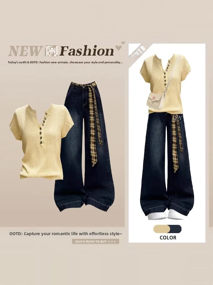 Slimming Knitted Short Sleeve Top And Wide Leg Jeans Two Piece Set for Women Summer Fashion Gentle Style High Waist Jeans