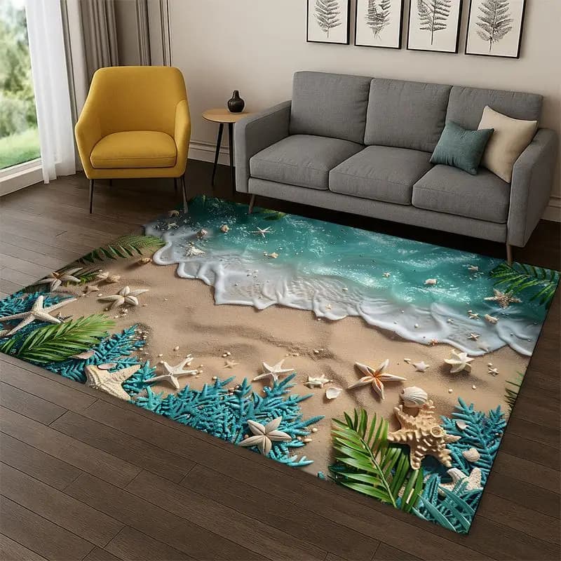 Starfish Beach Sand Shell Sea Star Carpet Rug for Bedroom Living Room Sofa Playroom Doormat Home Decor, Area Rug Non-slip