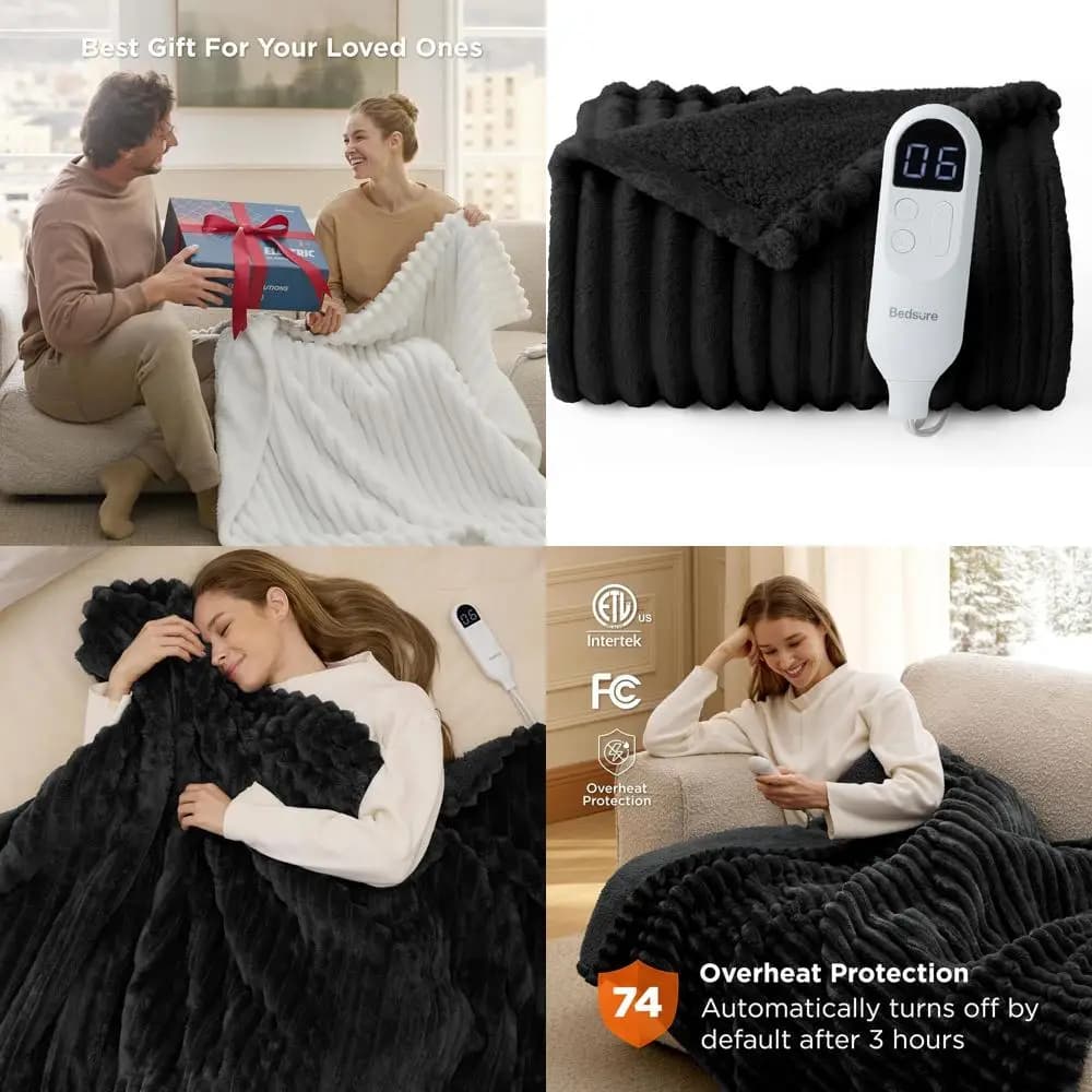 Coperta elettrica in flanella a righe spesse con 4 timer, 6 livelli di calore, spegnimento automatico per nonna (50x60, nera)