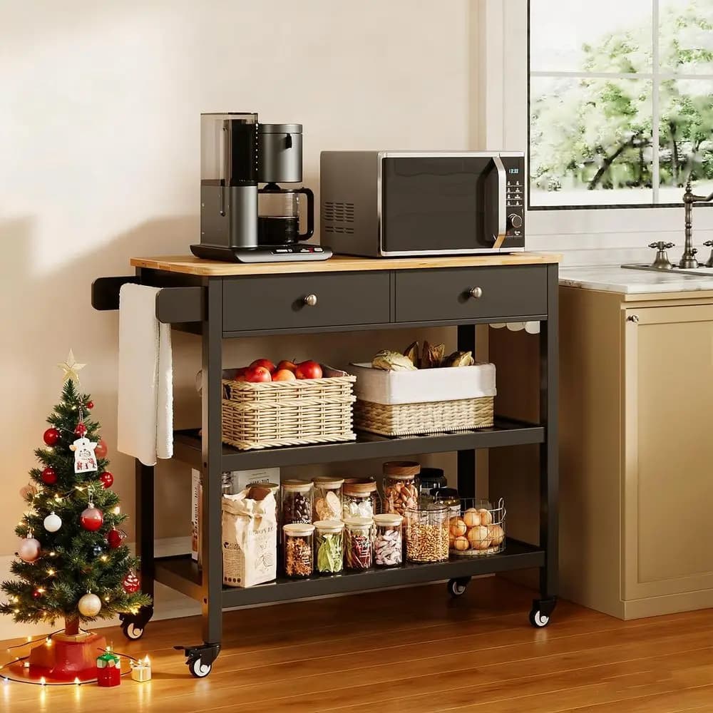 Carrello per isola da cucina con contenitore, piano in legno da 40", ripiani spaziali a 2 livelli e portasciugamani, carrello mobile a 2 cassetti su metallo