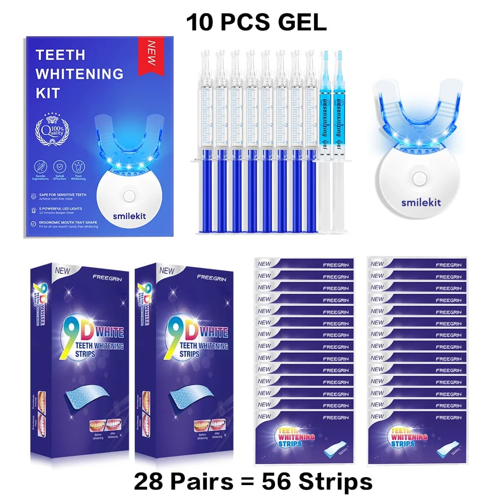 Teeth whitening kit - Teeth whitening with 5X LED light, mouth trays, 3 renaissance gels and 56 teeth whitening strips
