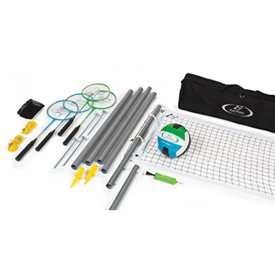 Set Rete Deluxe per Pallavolo e Badminton - 7,6 m L x 2,4 m A in Poliestere Assortito - Include 1 Pallone da Pallavolo, 4 Racchette, 2 Volani, 4 Pali