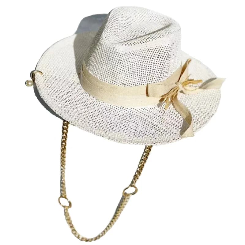 Cappello Fedora da Donna Estivo con Punta Vuota e Catena, Cappello da Spiaggia Francese in Paglia Traspirante per Vacanze e Outdoor