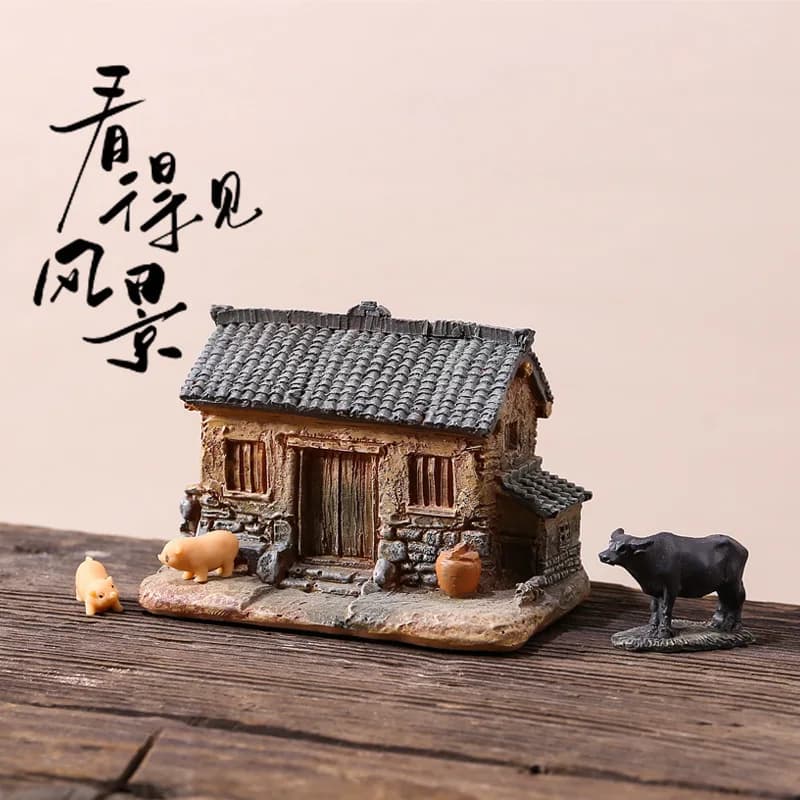 Decorazione micro paesaggio in resina Mini casa Artigianato da giardino desktop in stile cinese-chic con figurine per decorazioni per la casa con piante in vaso