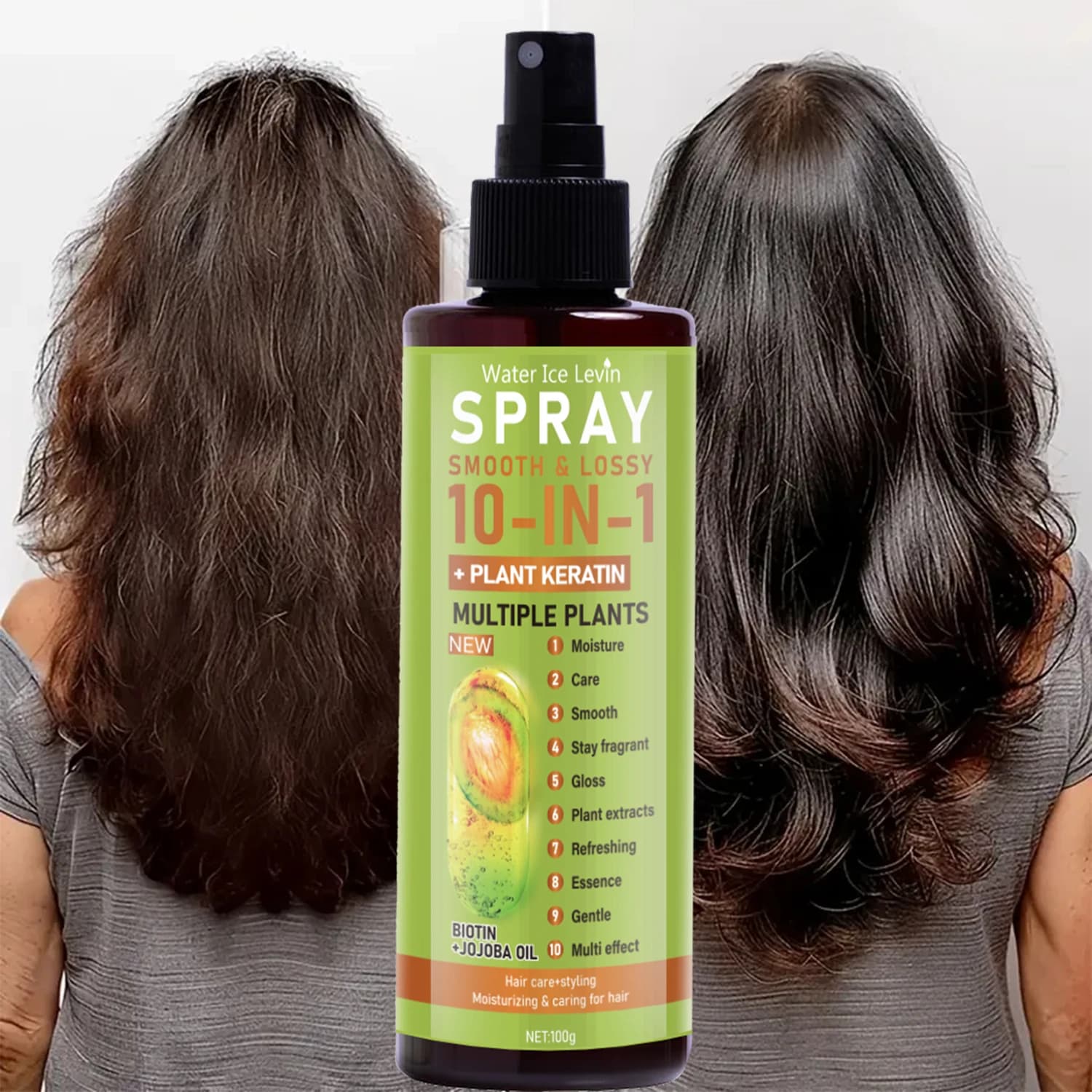 Spray hair essence 10 in 1 with vegetable keratin and biotin - Hydrating + Levigating + Gloss Control - Jojoba Oil Formula