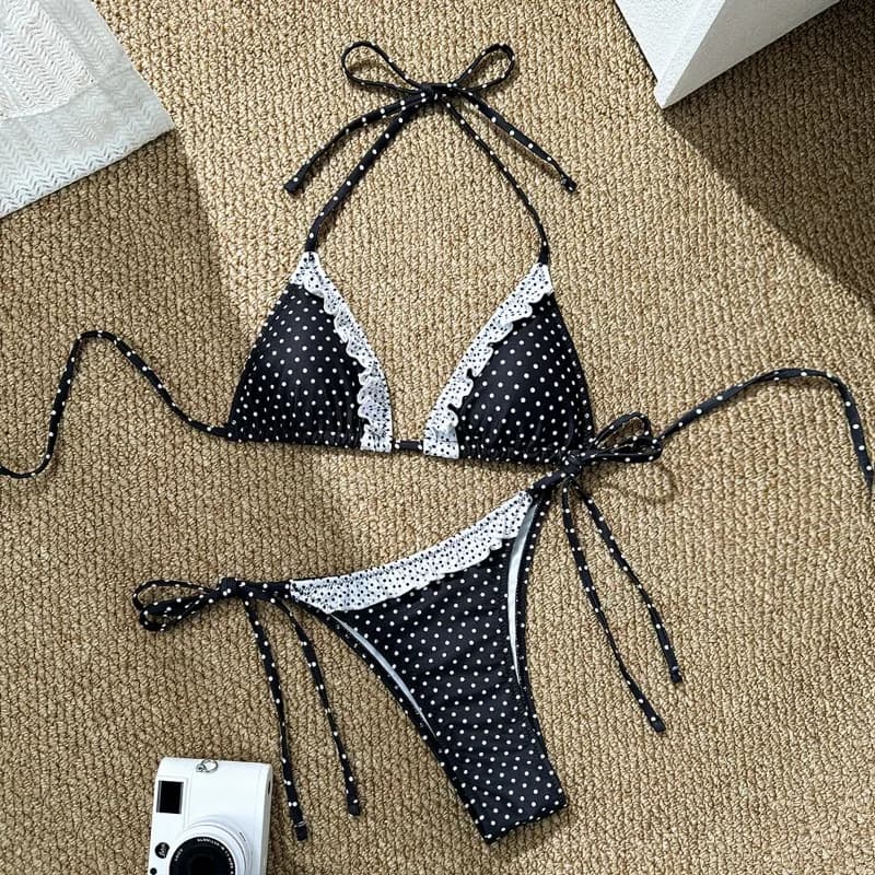 Costume da bagno bikini da donna 2026, carino e sexy con laccetti, push-up per seno piccolo, a pois, due pezzi, triangolare, per vacanze primaverili