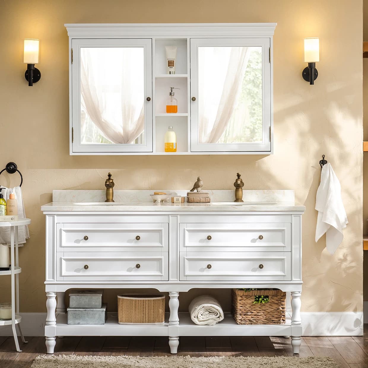 Mobile Bagno Classico in Legno Massello Stile Americano con Doppio Lavabo, Design a Parete, Specchio, Facile da Pulire, 1 Anno di Garanzia
