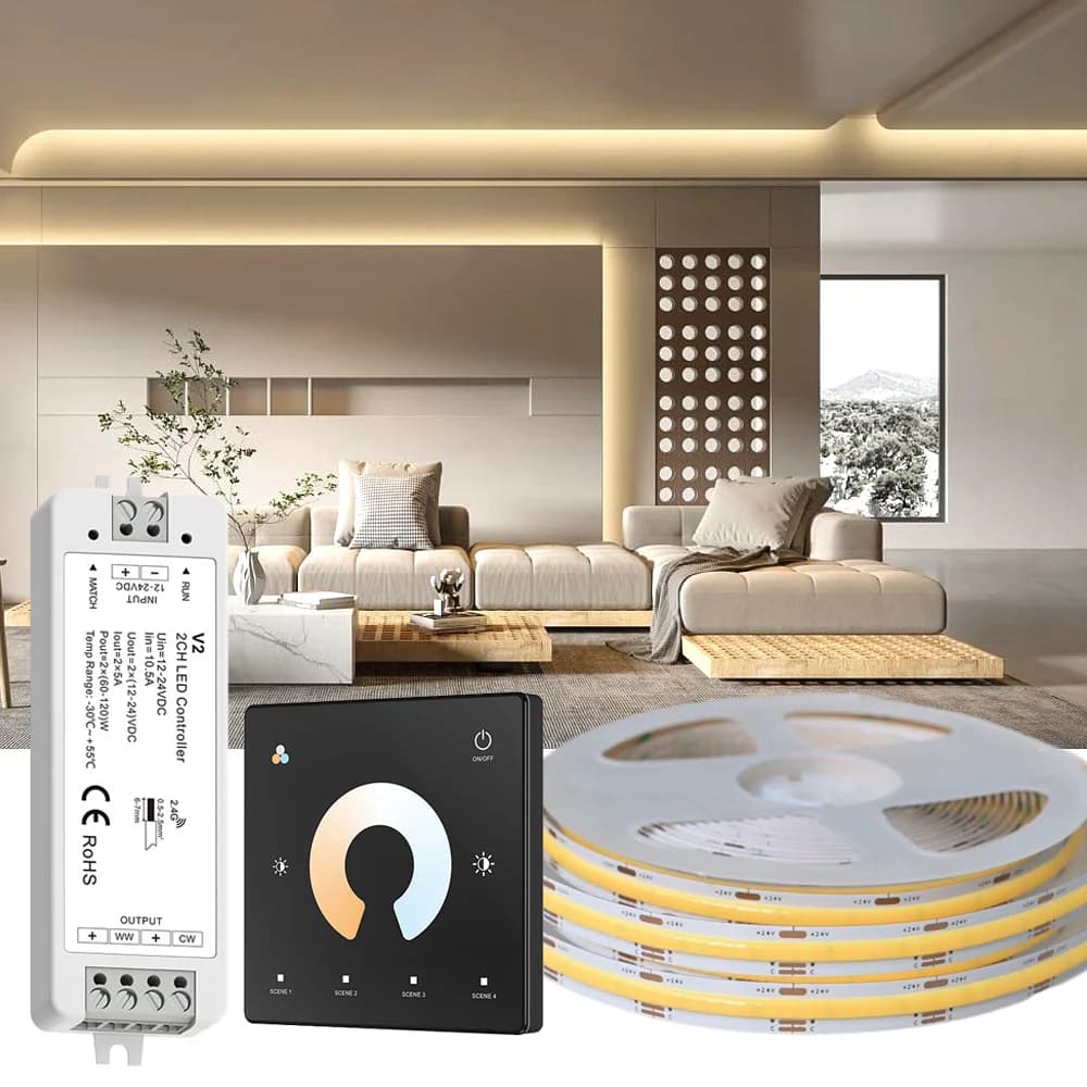 5M 10M 20M COB CCT Striscia LED 24V Flessibile ad alta densità Dimmerabile Luce ambientale 2.4G RF Touch Telecomando Doppio bianco 2700K-6500K