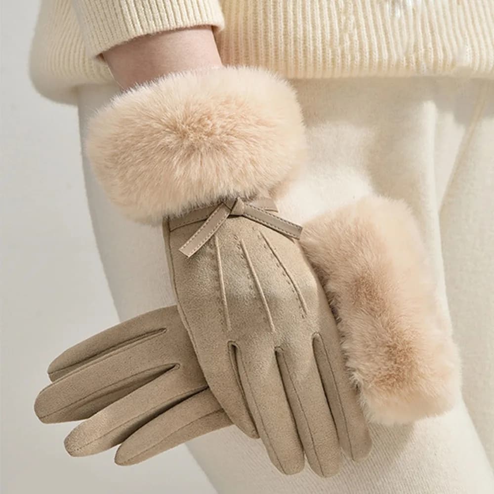 Suede Velvet Winter Ski Gloves Soft and thick PU Leather Gloves Women's Cycling Gloves with Outdoor Waterproof Bow