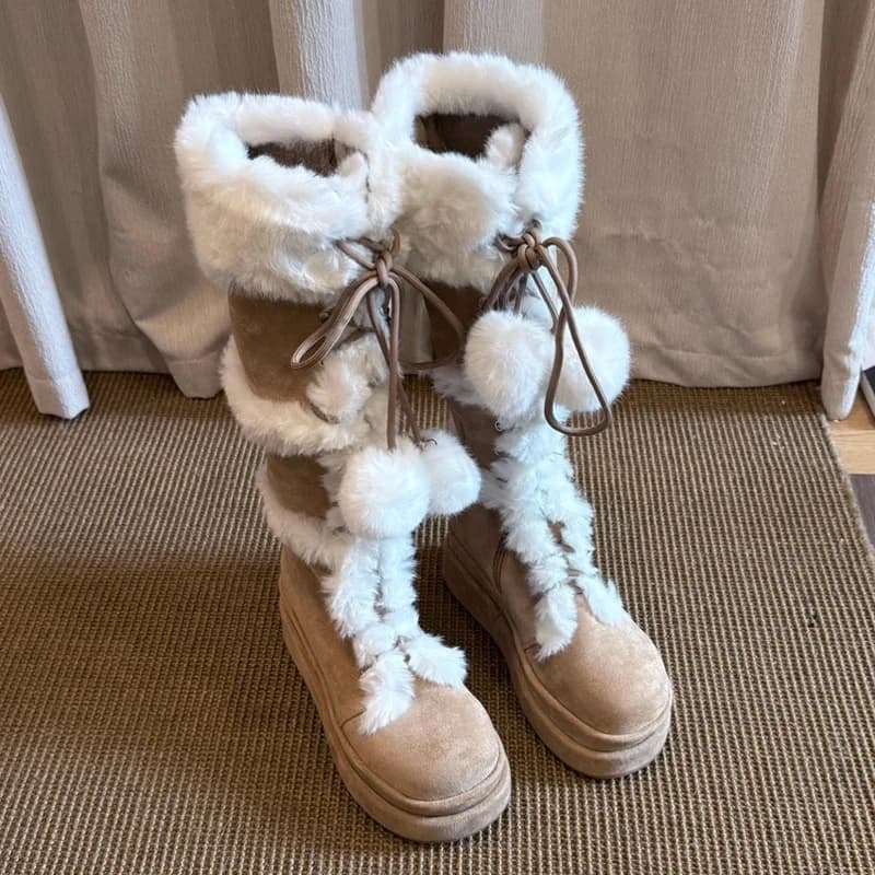 BANFANG Women's High Boots 6cm Autumn Winter New Platform Knee High Long Snow Boots High Quality Ladies Faux Fur Warm Shoes