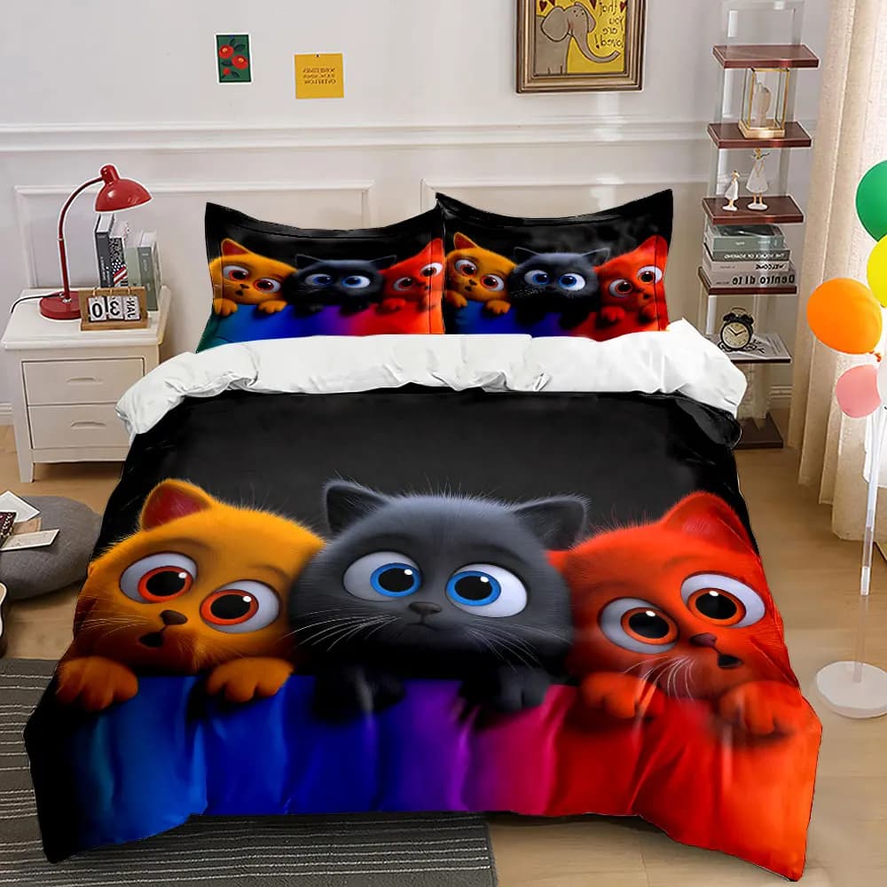 Set copripiumino con motivo gatti dei cartoni animati e recinzione arcobaleno, stampa digitale, biancheria da letto colorata in poliestere con chiusura a cerniera, ideale come regalo.