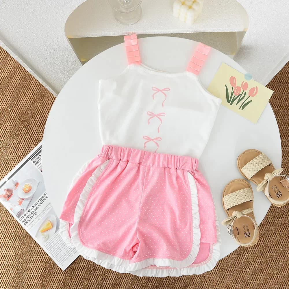 Estate Nuovo 3-7 Anni Ragazze Moda Vestiti Dolci Carino Fiocco Stampa Reggicalze Canotta + Pantaloncini 2 Pezzi Set Bambini Abbigliamento Casual Quotidiano