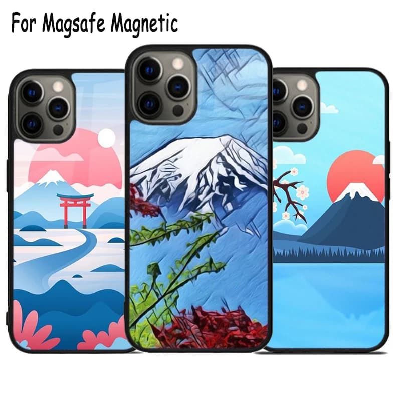 Custodia per telefono con ricarica wireless Mount Fuji per iPhone 17 Air 15 16 16e 14 13 11 12 Pro Max Plus, cover magnetica Magsafe con paraurti