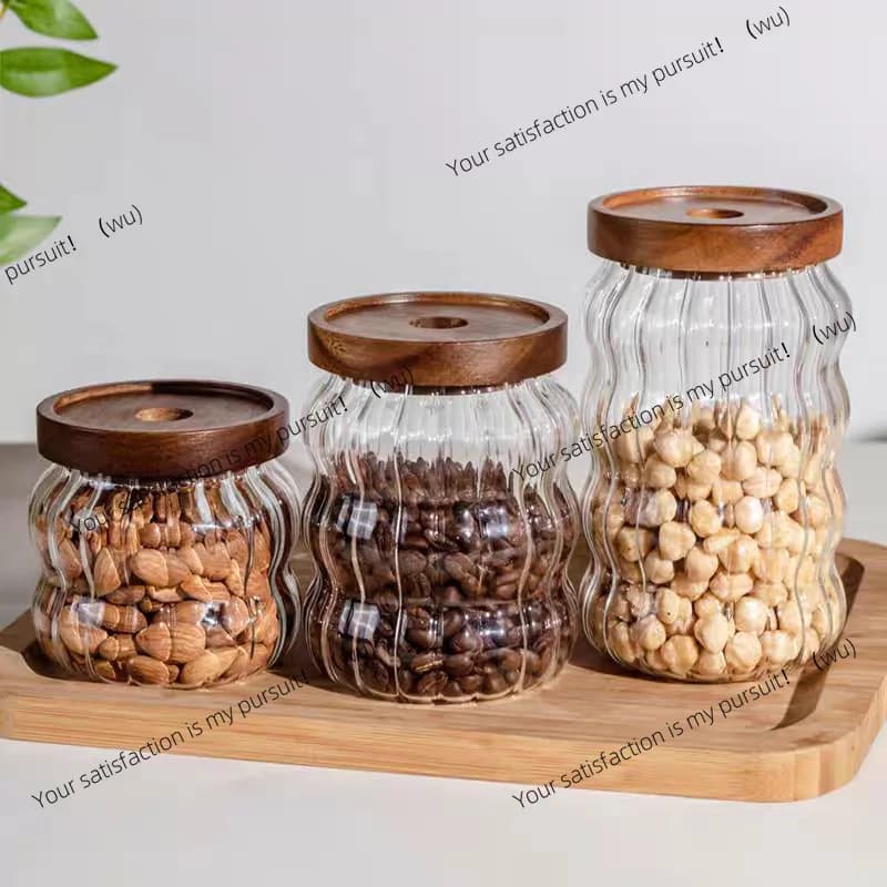 Coperchio in legno, vetro a strisce, barattolo sigillato, bottiglia da cucina, contenitore per alimenti