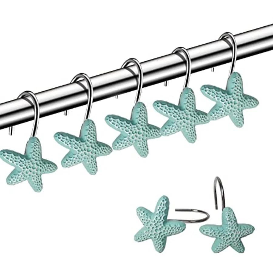 Shower Curtain Hooks, 12Pcs Starfish Anti Rust Decorative Resin Shower Curtain Rings Hooks for Bathroom Bedroom Baby Living Roo