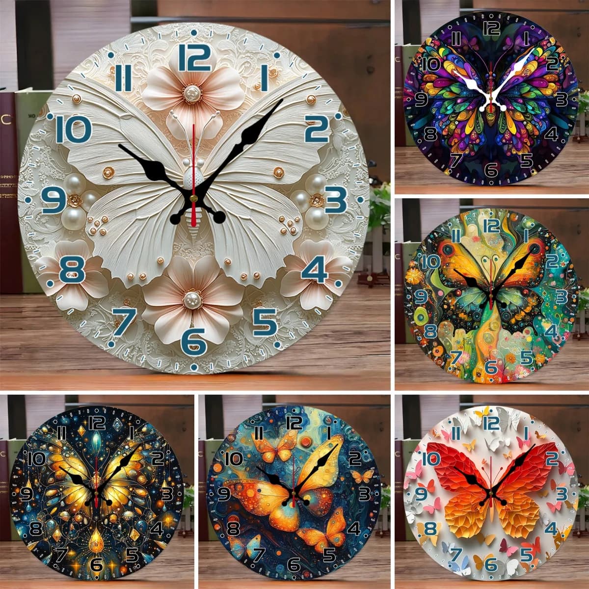 Wooden round silent suspended wall clock with dream insects, suitable for living room, office, study room, bedroom, home decoration
