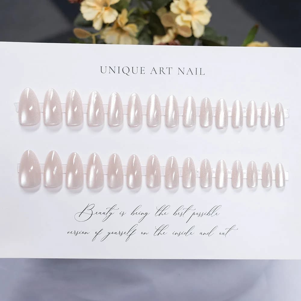 30Pcs Almond Fake Nails Gentle Women Nude Color Press On Nails Glossy Cat's Eyes Designs Full Cover Detachable False Nails Art