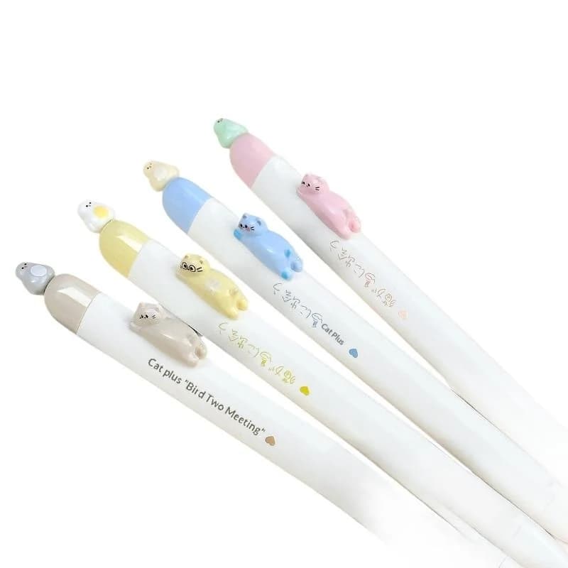 4Pcs Retractable Magnetic Gel Pens 0.5mm Fine Point Quick Dry Ink Lovely Bird Cat Print Daily Stationery Gift Supplies