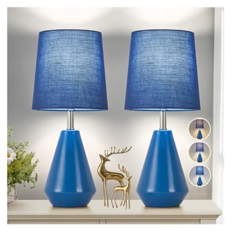 Small Bedside Table Lamp for Bedroom-Reading Desk Lamp Set of 2with 3 Color Temperatures Nightstand Ceramic Lamp with Fabric Sh