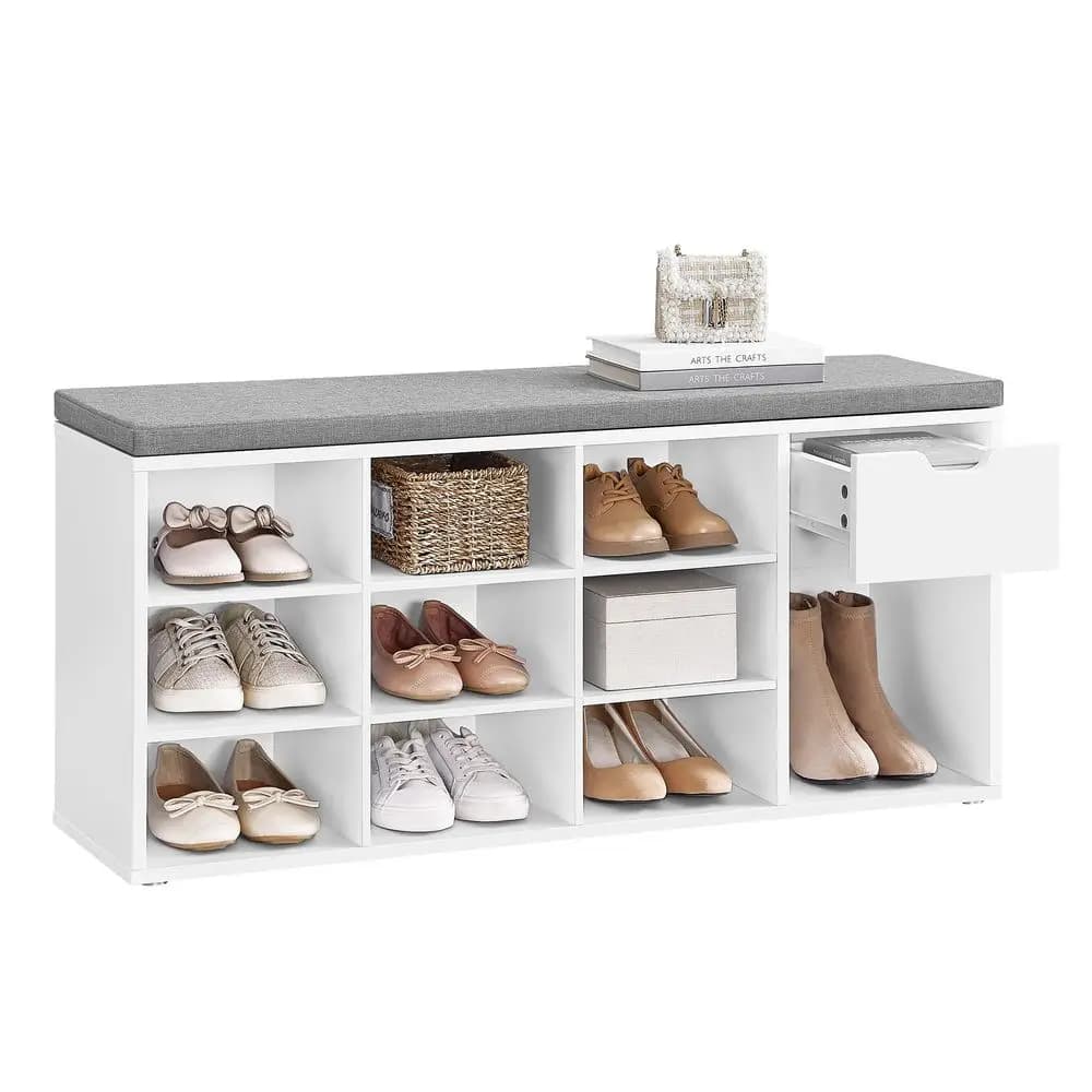 Panca contenitore CUSTOS, panca da ingresso con cuscino, cassetto e scomparti aperti, panca con spazio contenitore, soggiorno, camera da letto