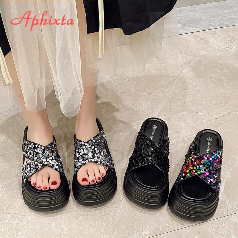 Aphixta Sandali in tessuto con paillettes con plateau Pantofole Tacchi alti da 8 cm Scivoli da donna Scarpe da spiaggia estive per donna