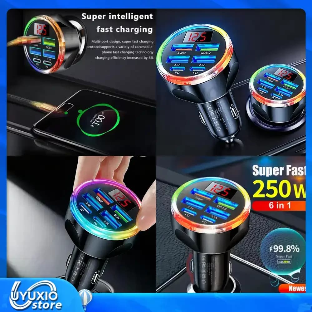 UYUXIO Caricabatterie da Auto USB C 6 in 1 Multiporta con Display di Tensione, Adattatore di Ricarica Super Veloce con Voltmetro per iPhone