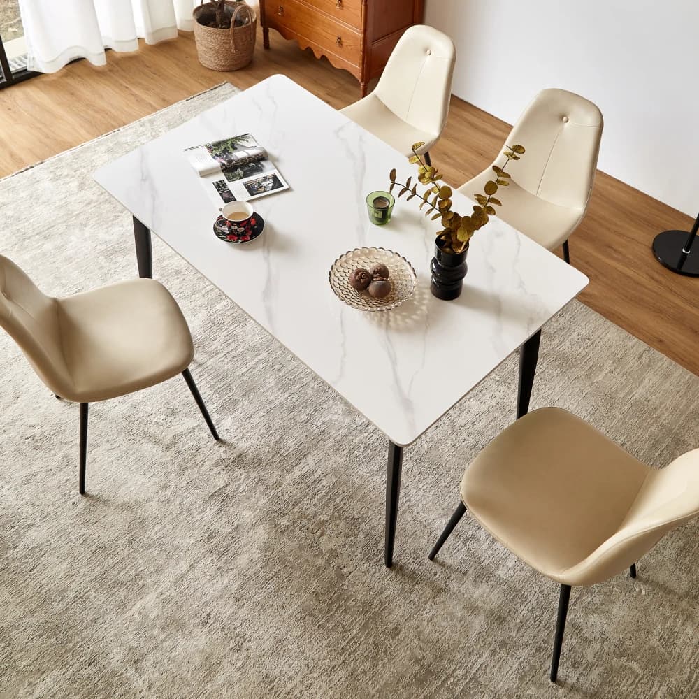 Tavolo da Pranzo Rettangolare Bianco 55 Pollici con Piano in Porcellana, 4 Posti, Arredamento per Sala da Pranzo con Gambe in Metallo