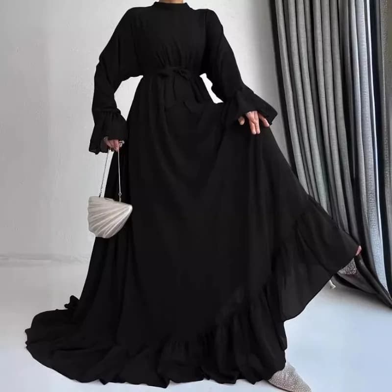Elegante Abito Lungo Nero a Maniche Lunghe da Donna per Feste ed Eventi in Stile Mediorientale