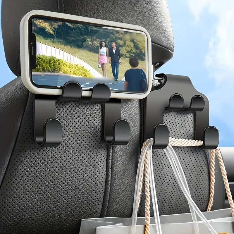 (Multifunctional Hook + Mini Car Hook) 4 Pieces 2-in-1 Multifunctional Hooks, Suitable for Car Seat Hooks, Rear Seat Phone Holders, Durable Purse Hook Brackets, Universal Bag Hooks, Black