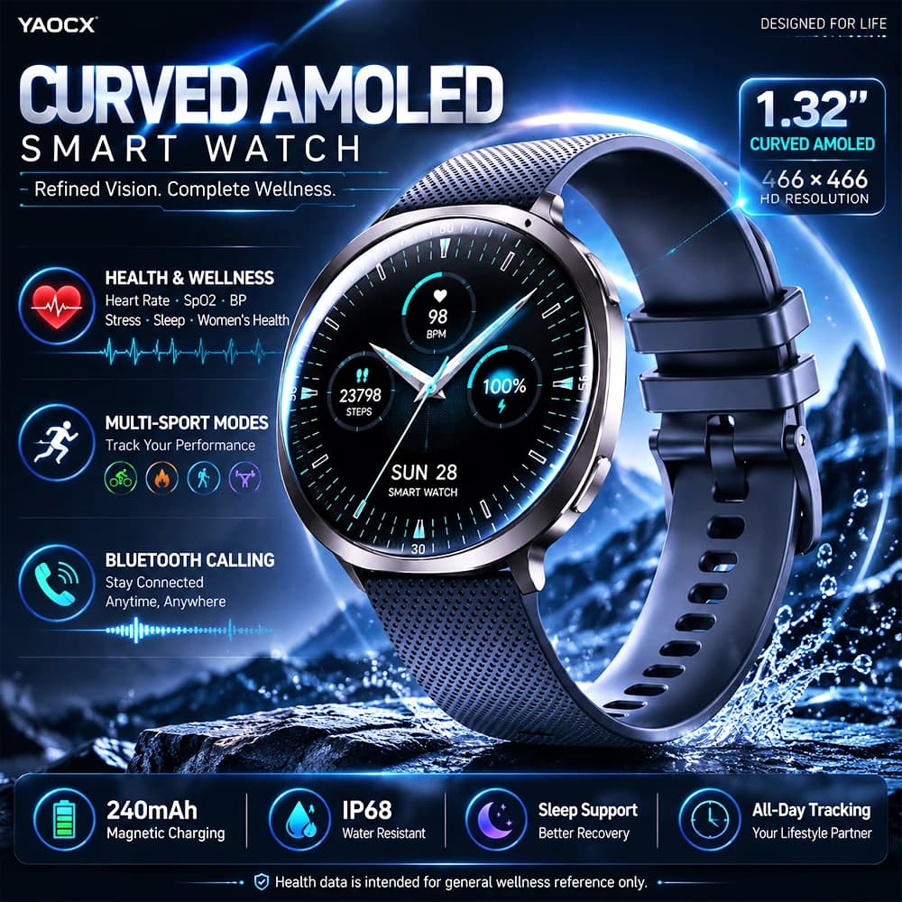 2026 Ultra-thin AMOLED Fitness Smartwatch 1.32'' Curved Full Display IP68 Waterproof Health Monitoring Watch for Men Women