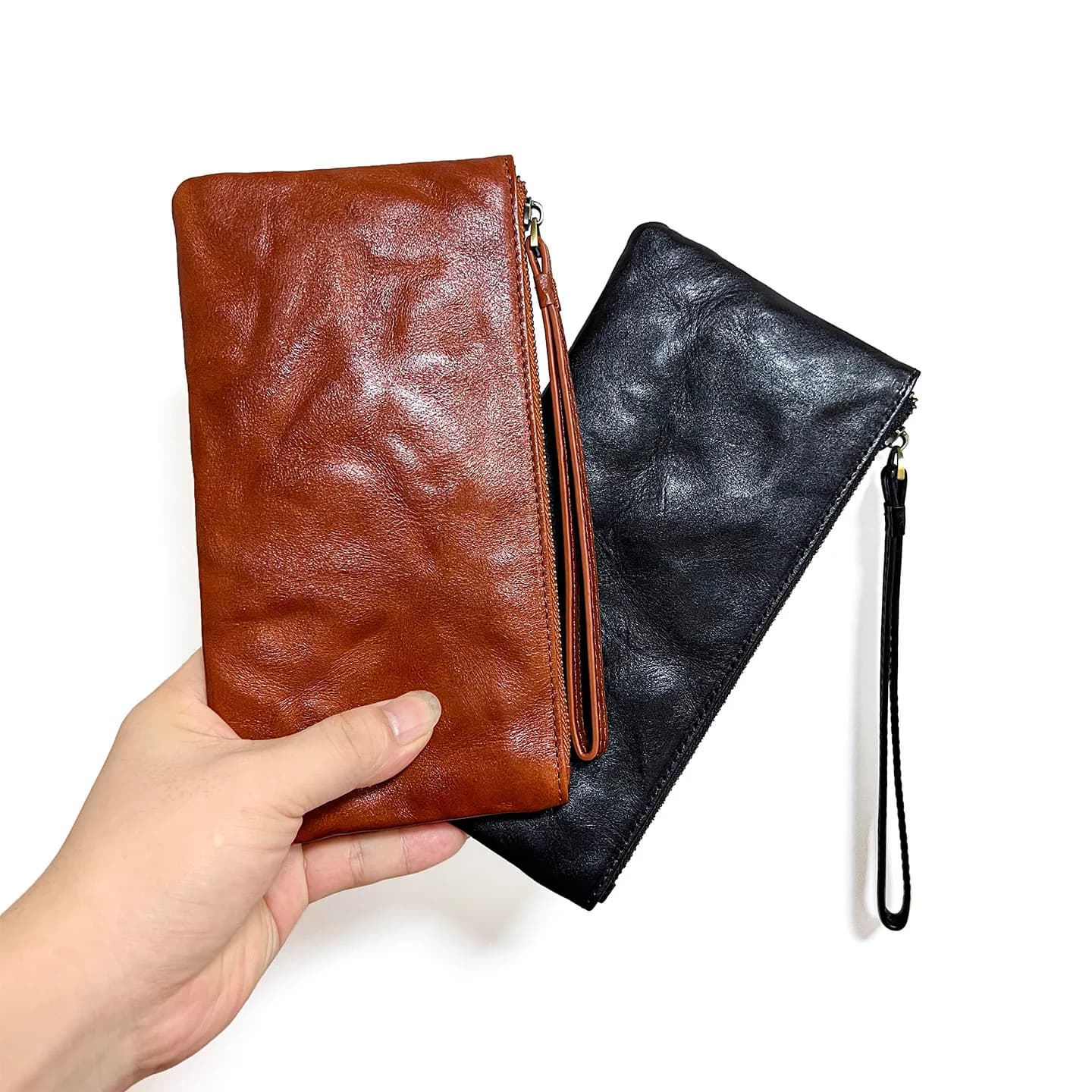 Genuine Leather Long Zip Wallet Wristlet Strap Wrinkle Multi‑Card Slots Cash Phone Passport Large Capacity Purse for Women