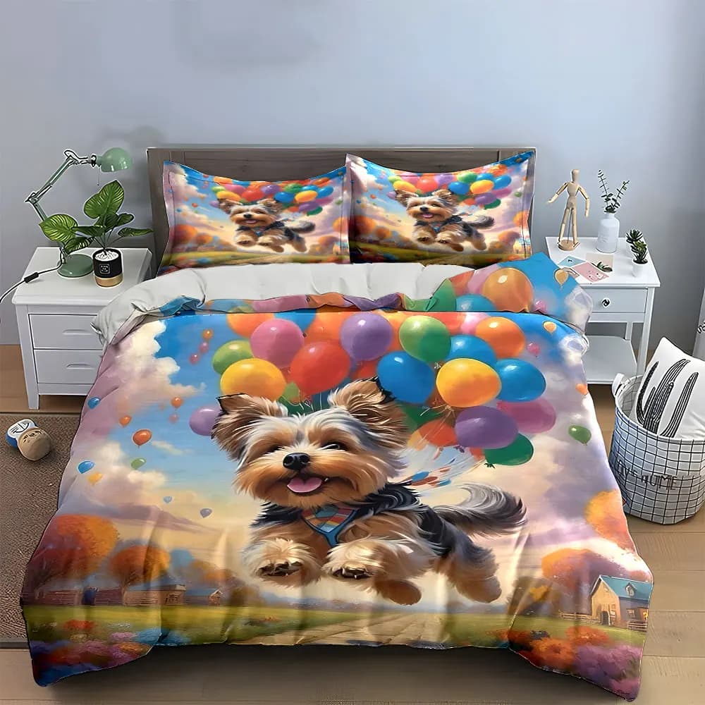 Set di biancheria da letto con motivo cane palloncino colorato, con 1 copripiumino e 2 federe, singolo, matrimoniale, king size, queen size, idea regalo