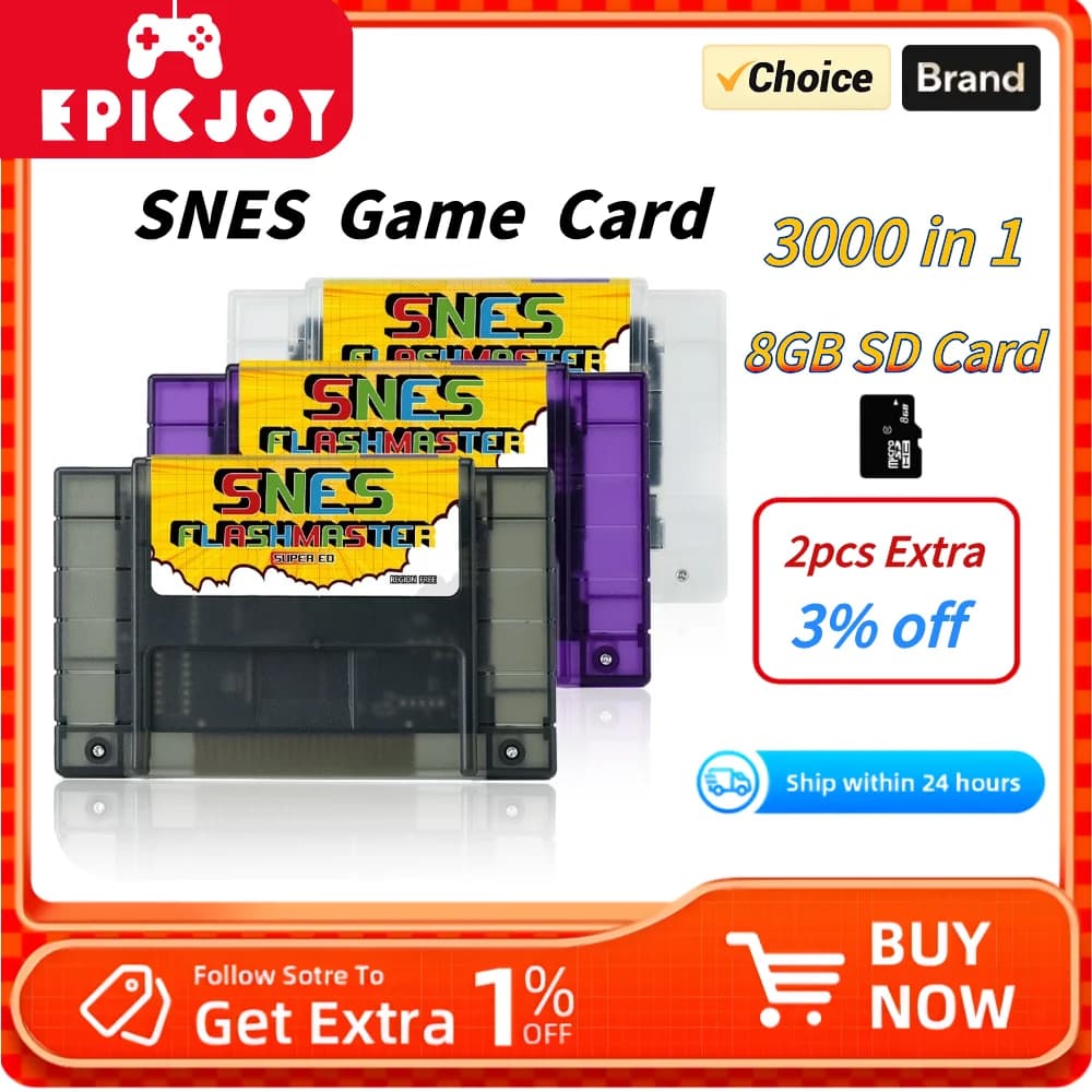EPICJOY Scheda di Gioco Super SNES 3000 in 1 con Scheda TF da 8GB per Console SNES Compatibile con Console Originale USA