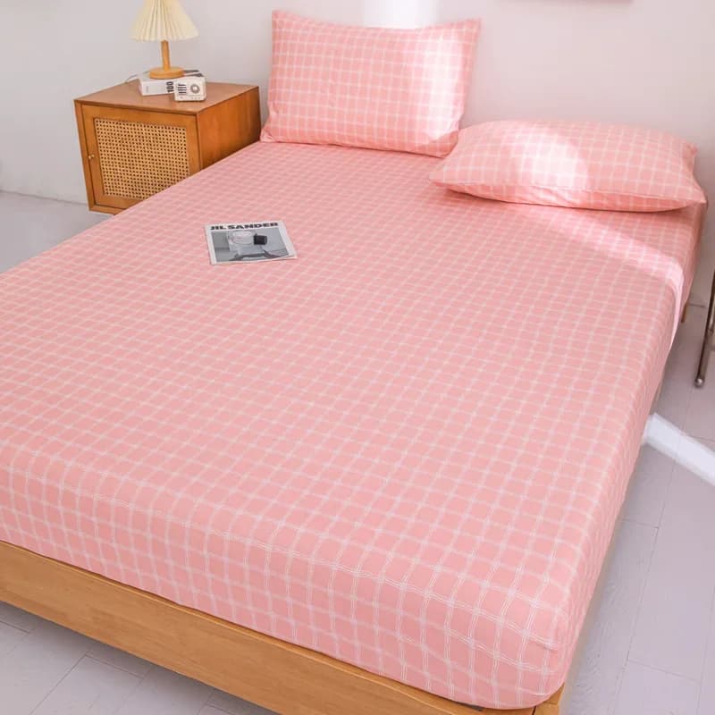 1 sheet with pink scottish corners, elastic sheet with deep pocket with grid pattern, minimalist bedding for the bedroom furniture
