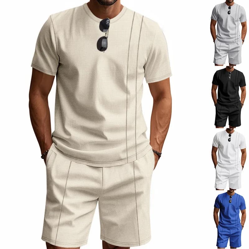 Completo estivo da uomo American Waffle con scollo rotondo, stile casual, semplice, con pantaloncini a maniche corte.