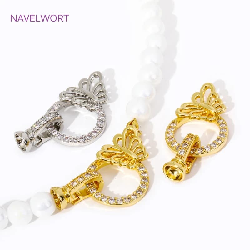 18K Gold Plated Butterfly Round Pearl Clasp Connector Inlaid Zircon Fastener For DIY Bracelet Necklace Jewelry Making Findings