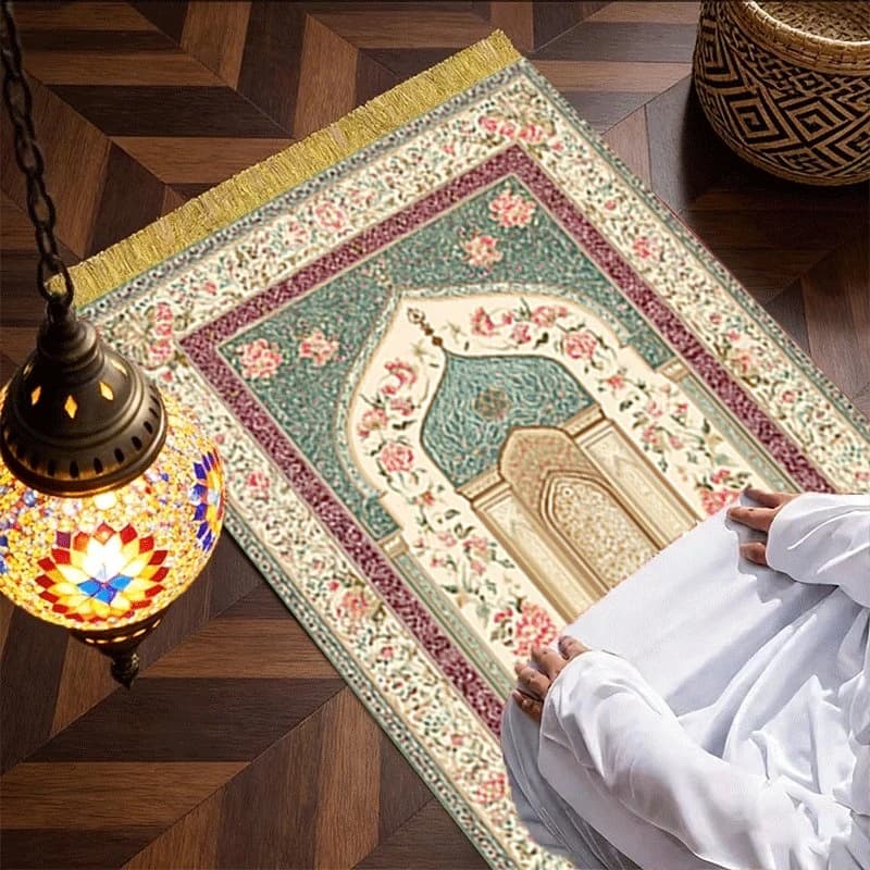 Tappetino da Preghiera VIKAMA con Frange Floreali, Lavabile, Adatto per Pellegrinaggi Religiosi, Adorazione, Meditazione e Prostrazione