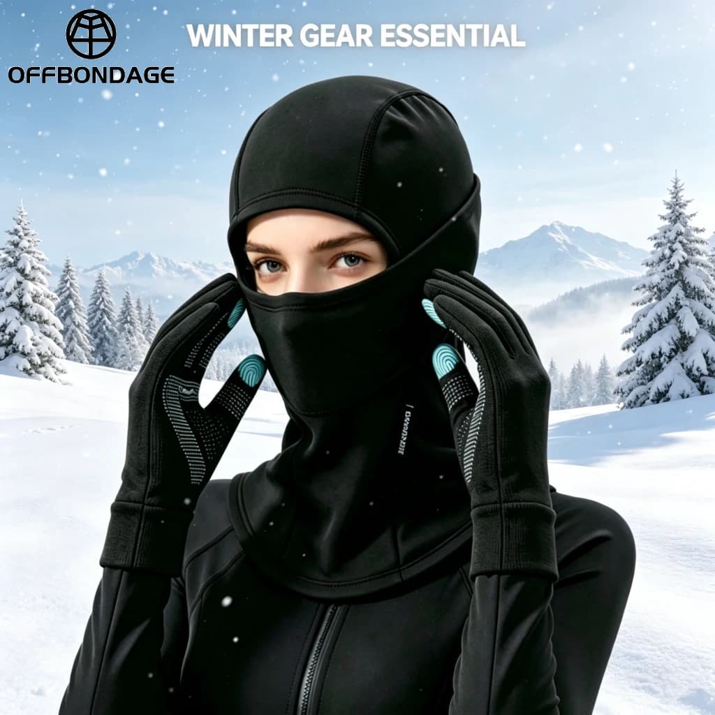 OFFBONDAGE Winter Balaclava Gloves Set Motorcycle Face Mask Touch Screen Gloves Windproof Thermal Warm Neck Hood Full Face Cover