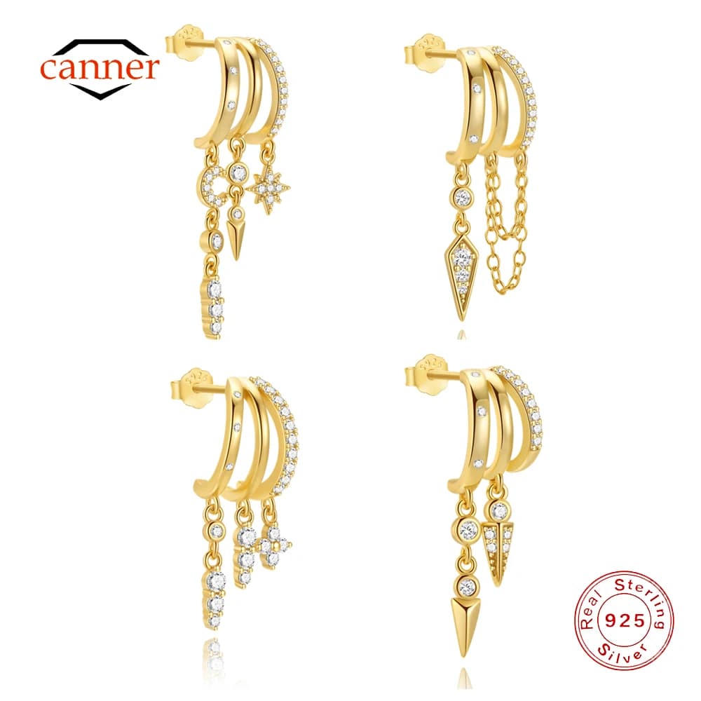 CANNER 1PC 925 Sterling Silver C-Shape Tassel Star Moon Sharp CZ Drop Earring For Women Europe and America Hoop Earring Jewelry