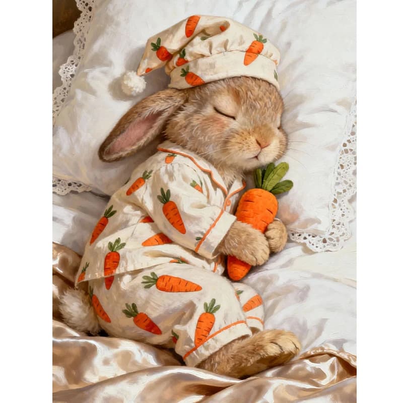 Carrot Pajamas Sleeping Bunny Lace Bed Diamond Painting, Soft Cozy Cute Cartoon Animal Scenery for Living Room Decor & Gift