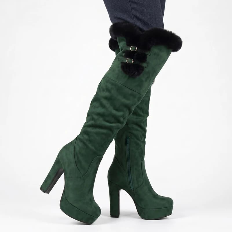 Winter High Top Knee High Boots With High Heels Thick Heels Round Toe Platform Side Zippe Warm Women's Boots