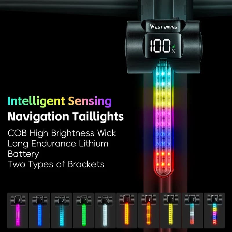 Fanale posteriore per bicicletta Ricaricabile colorato LED Luce posteriore per bici Display di alimentazione Sensore freno intelligente per guida notturna impermeabile