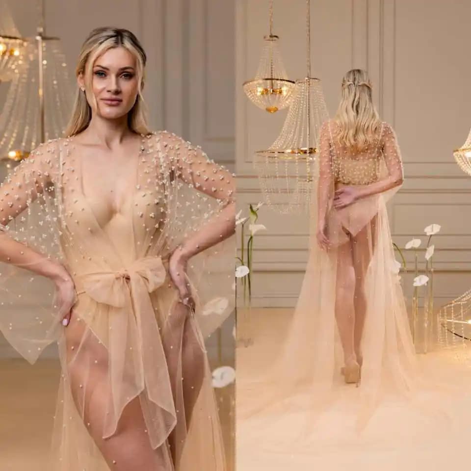 Gorgeous Pajamas Dresses Women Robe Nightgown Pearls Bridal Bathrobe Maternity Dressing Gown for Photography Custom Made