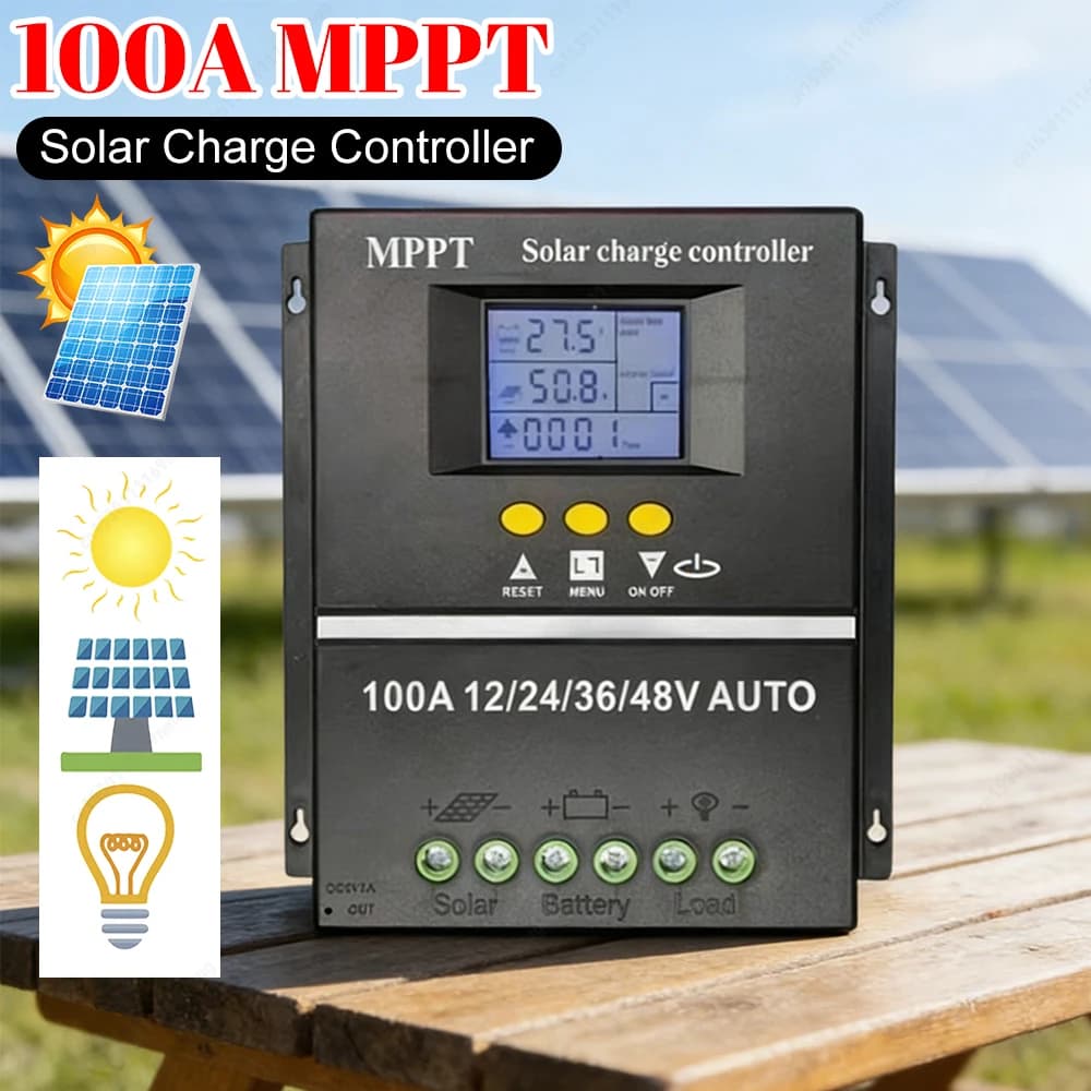 Regolatore di Carica Solare MPPT 100A, Caricabatterie Solare PV con Doppia USB, Regolatore di Carica Automatico 12V 24V 36V 48V per Pannelli Solari